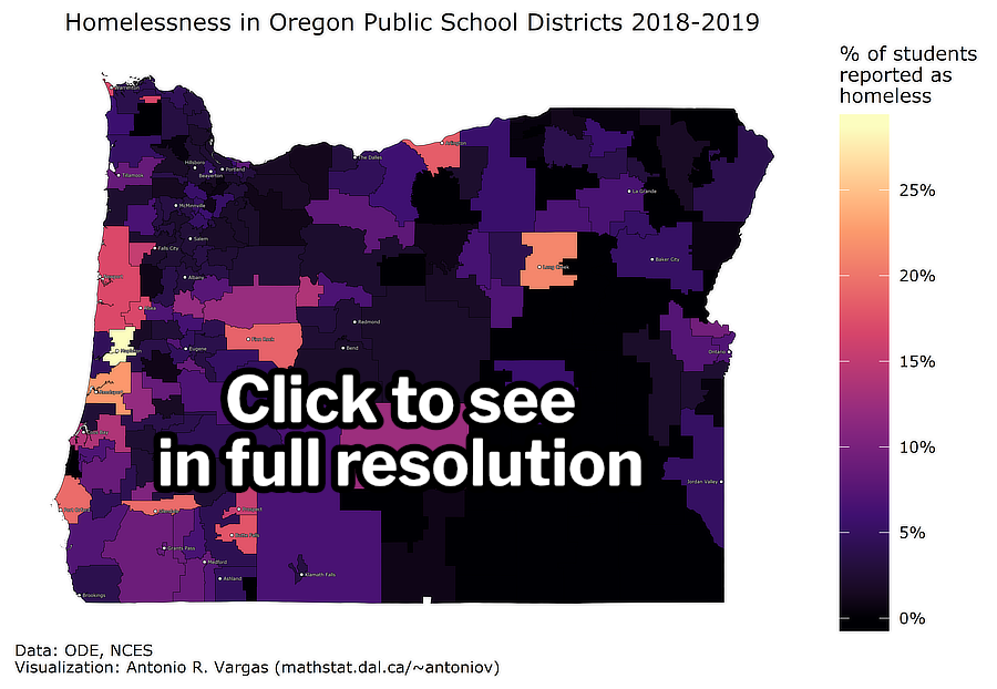 Preview of the map showing homelessness in Oregon school districts. Click to see the
        map in full resolution.